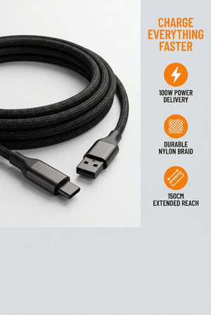 High Quality 100W High-Speed USB-C Charging Cable – 150cm Durable Nylon Braided Design**