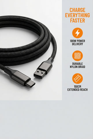 Image of High Quality 100W High-Speed USB-C Charging Cable – 150cm Durable Nylon Braided Design**