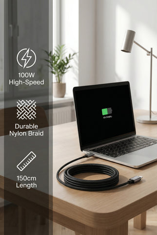 Image of High Quality 100W High-Speed USB-C Charging Cable – 150cm Durable Nylon Braided Design**