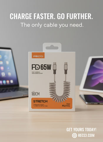 Image of P65W 180CM Stretchable Coiled USB-C Cable - Fast Charging & Data Transfer**