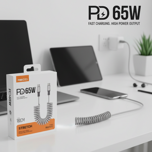 P65W 180CM Stretchable Coiled USB-C Cable - Fast Charging & Data Transfer