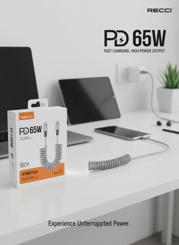 Image of P65W 180CM Stretchable Coiled USB-C Cable - Fast Charging & Data Transfer**