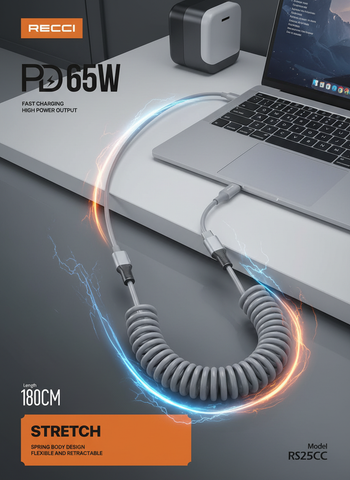 Image of P65W 180CM Stretchable Coiled USB-C Cable - Fast Charging & Data Transfer**