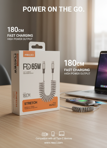 Image of P65W 180CM Stretchable Coiled USB-C Cable - Fast Charging & Data Transfer**